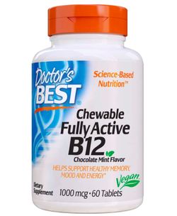 Doctor's Best Fully Active Vitamin B12 (Metylkobalamin - aktivovaná forma) 1000 mcg, máta a čokoláda, 60 žvýkacích tablet