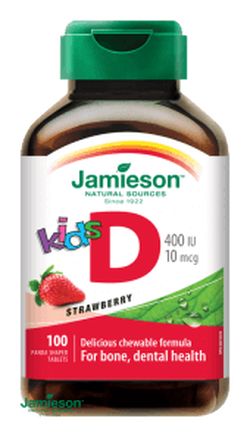 Jamieson Vitamín D3 Kids 400 IU tablety na cucání s příchutí jahody pro děti 100 tablet